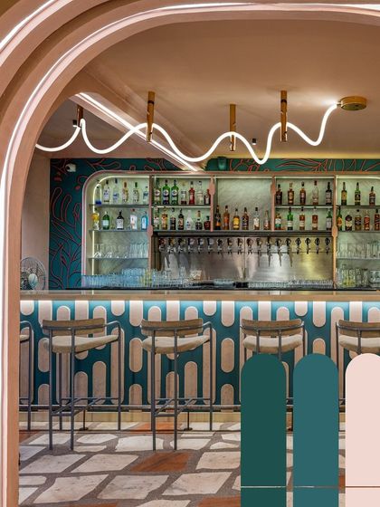 A color palette study from our Hangover project. The combination of teal, blush pink, and cream, seen here in the custom bar tiles and plastered arches, was key to creating the restaurant's playful and aesthetic vibe.