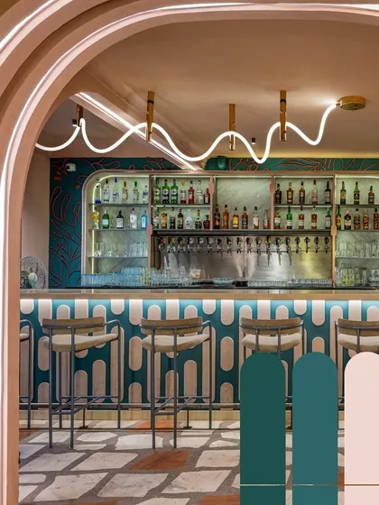 A color palette study from our Hangover project. The combination of teal, blush pink, and cream, seen here in the custom bar tiles and plastered arches, was key to creating the restaurant's playful and aesthetic vibe.