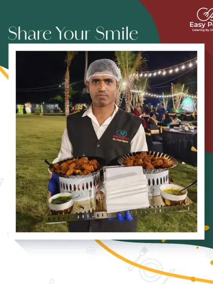 One of our friendly staff members presenting freshly prepared appetizers to guests. We offer passed plates and drinks to ensure everyone feels well taken care of throughout the event.