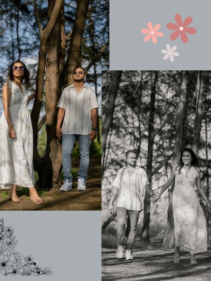 A creative collage from the forest shoot, mixing color and black and white images with simple graphic elements for a modern, album-like feel.