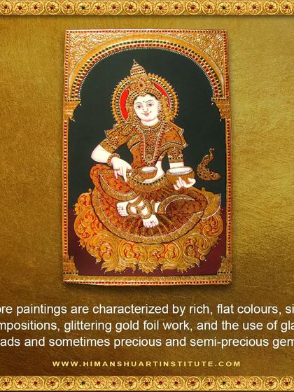 A series of informational images explaining the history and techniques of Tanjore painting, a classical South Indian art form known for its gold foil work and embedded gems.