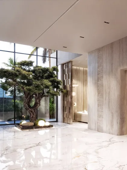 This render captures the grand, open hallway with its high ceiling and massive window, creating a light-filled and impressive transitional space.