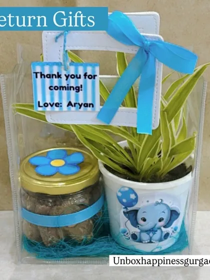 A full view of the blue-themed plant favor, a perfect and unique return gift for a boy's birthday party.