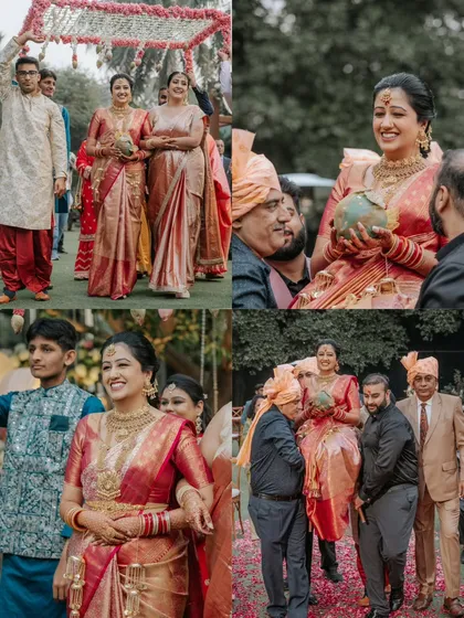 A collage showing the beautiful traditions of a South Indian bridal entry, with family members escorting her to the mandap under a floral canopy.