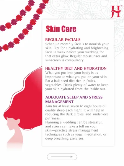 Your skin is just as important as your hair. This infographic provides a skincare checklist for brides, including regular facials, a healthy diet, and stress management for that perfect wedding glow.