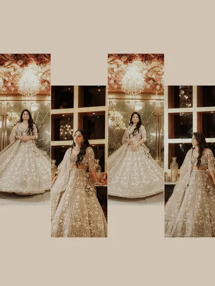 A collage showcasing the bride's engagement lehenga from multiple angles, giving a full view of her stunning outfit.