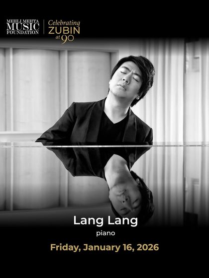 A promotional graphic highlighting Lang Lang's piano performance on the second night of the 'Celebrating Zubin at 90' concert series.
