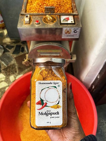 From our grinder to your jar. This image shows a freshly ground batch of Molgapudi, ensuring that what you receive is potent, aromatic, and full of flavour.