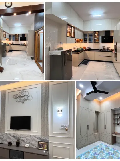 From design to reality. This collage shows a completed project featuring elegant wall beading, a modern TV unit, and a stylish bedroom, highlighting our attention to detail in every corner.