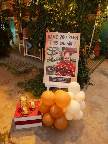 A personalized 'Have You Seen This Wizard?' poster featuring the birthday child. This is a fun and creative way we customize our parties.