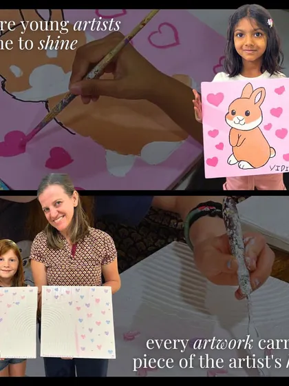 Where young artists come to shine. This collage shows the process and the proud result, with a young girl displaying her adorable bunny painting.