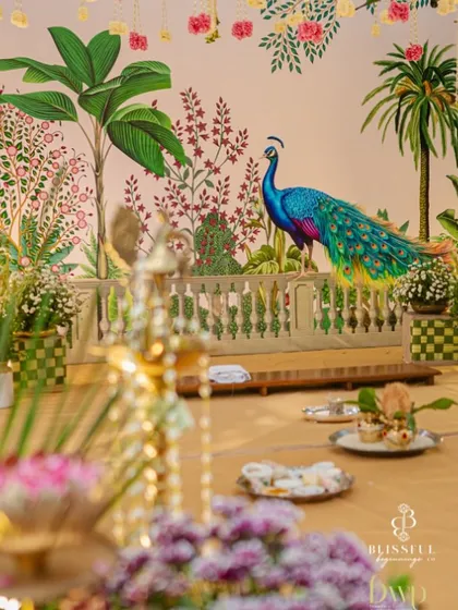 A closer look at the custom-painted peacock backdrop from a traditional South Indian wedding we planned. The vibrant colors and intricate details brought a touch of artistic heritage to the main ceremony.