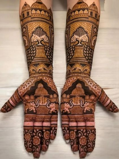 A stunning design with peacocks and architectural domes.