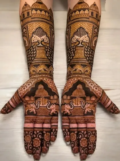 A stunning design with peacocks and architectural domes.