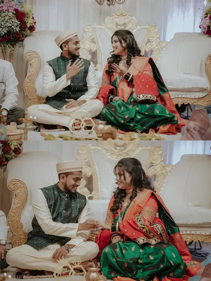 A promise sealed with a ring. This collage captures the traditional moments of an engagement ceremony, with the couple exchanging rings and sharing joyful glances.