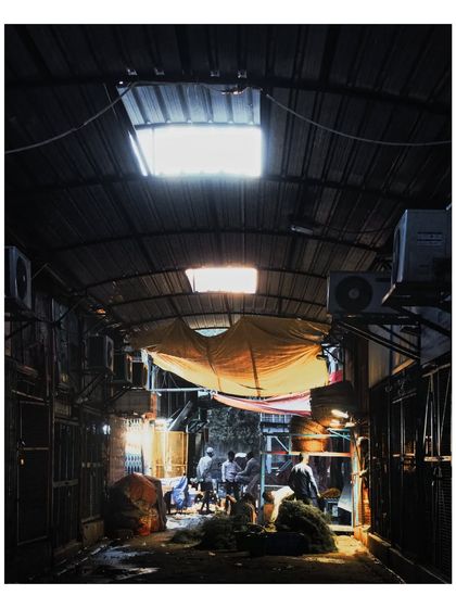 A look down a narrow, dimly lit alleyway in the flower market. We play with light and shadow to create a sense of depth and mystery, drawing the viewer into the hidden corners of the city.