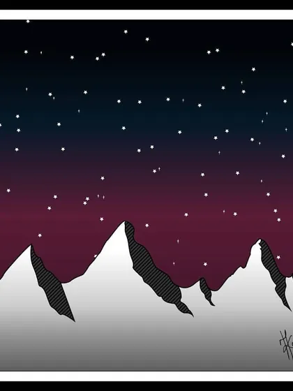 A graphic illustration of snowy mountains beneath a starry sky. This piece is about finding peace on top of the mountains and beneath the stars.