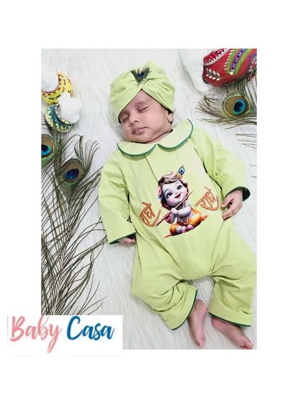 Radhe Radhe. This comfortable light green romper with a little Krishna print is an easy and adorable way to dress your baby for Janmashtami.