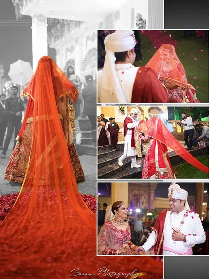 A collage showcasing the bride's stunning entry, with a long, beautiful red veil.