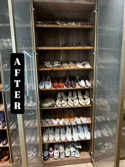 After: Another view of the transformed shoe closet. By using the full height of the shelves, we were able to create a home for every single pair.