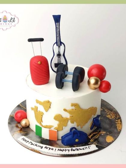 A farewell cake for Arya, celebrating his passions for travel, fitness, and music as he embarks on a new journey.