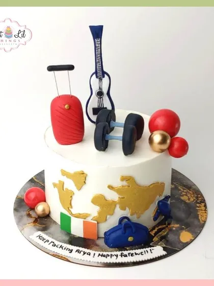 A farewell cake for Arya, celebrating his passions for travel, fitness, and music as he embarks on a new journey.