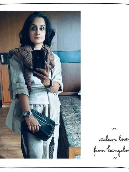 Our patron Menaka looking chic with her custom Adam bag. She created a unique look by pairing a Black Baag with a wide sling woven from Slate and Bronze leathers, a perfect example of our co-creation process.