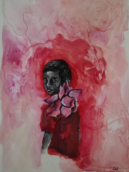 The full view of "Boy Carrying Lotus," showing the delicate ink lines and the bleeding effect of the acrylic wash on paper.