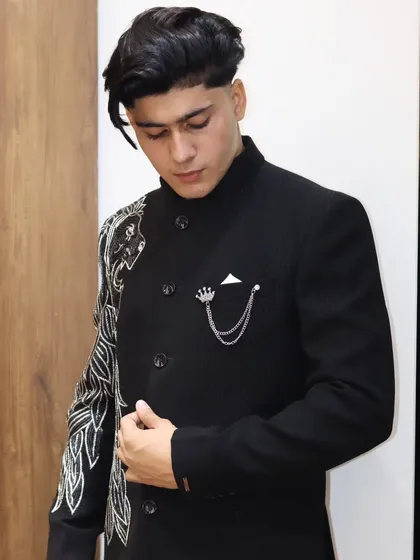 A side view of the lion-embroidered Jodhpuri, showcasing the intricate detail of the threadwork. This is a piece that tells a story of strength and style.