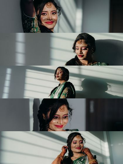 A collage of a bride's portraits, capturing her joyful expressions as she plays with light and shadow.