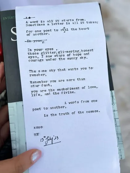 During my first time at a Cubbon Park writers' meet, I wrote this poem for another poet. It's about how a single word or letter can connect two souls. The energy of writing for someone right there in the moment is truly magical.