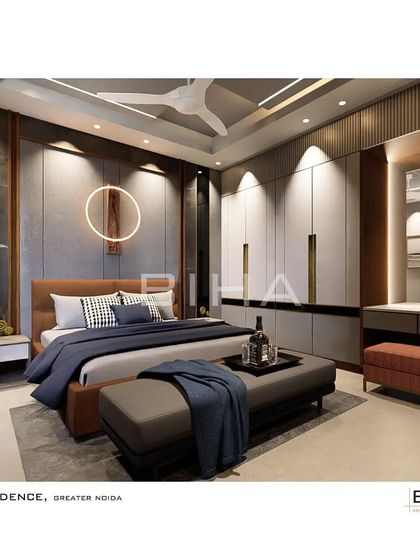 This perspective shows the thoughtful layout, incorporating a built-in vanity and dressing area adjacent to the wardrobe. The strategic use of mirrors and lighting makes the space feel larger and more functional, providing guests with every comfort.