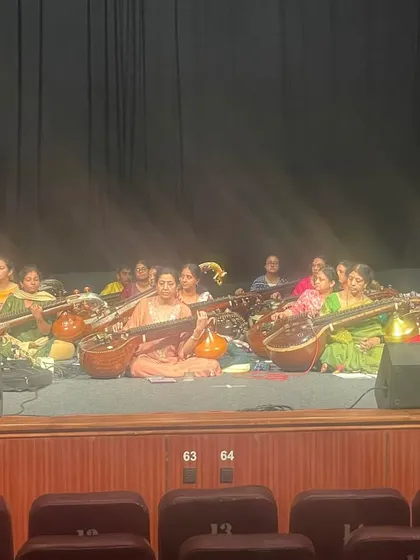 Rehearsal in full swing for our big show at Chowdiah Memorial Hall. It takes a lot of coordination to get a large veena ensemble ready, but the result is always worth it.
