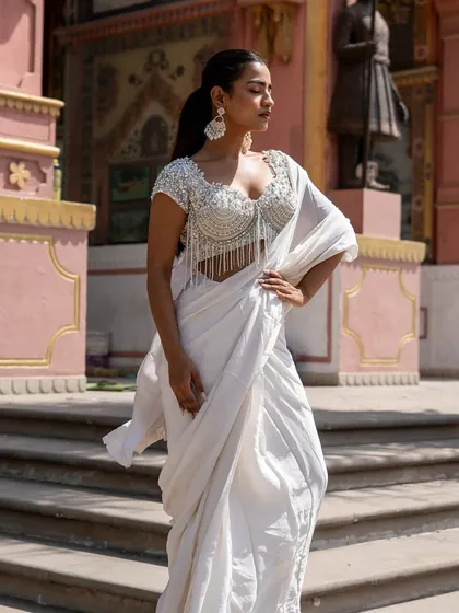 Drench yourself in pure elegance with this ivory saree, featuring a stunning blouse with pearl tassels. It's a beautiful piece from our Ivory Edit.