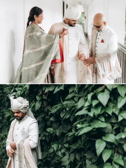 A collage showing the groom getting ready with the help of his family. These behind-the-scenes moments are an essential part of the wedding story.