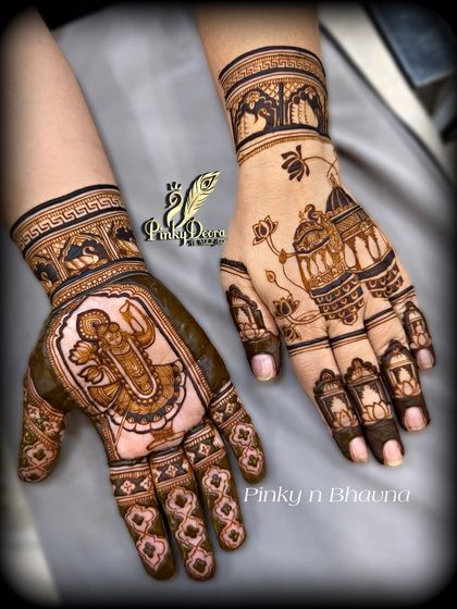 A complete Karwa Chauth design showing both hands. One hand features Shreenath Ji, and the other has a complementary design with traditional motifs, creating a balanced and divine look.