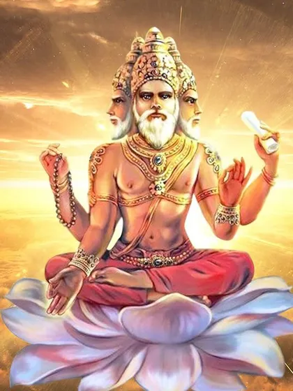 Lord Brahma, born from a lotus that grew from Lord Vishnu's navel, is the creator of the universe. His four heads represent the four Vedas and the four cardinal directions.