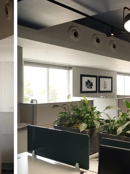 A view across the workstations, highlighting the low-profile dividers and integrated planters. The design emphasizes an open and collaborative atmosphere while providing visual separation.