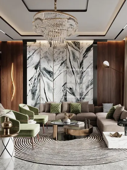 This living room is a symphony of sophistication. We brought together a touch of green serenity, a marble accent wall that whispers style, and warm wooden accents to create a haven of refined living.