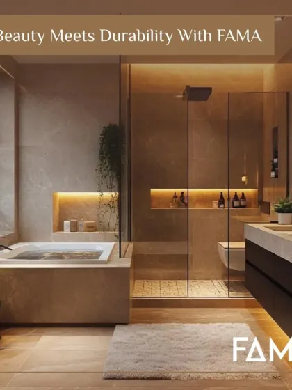 With my designs, beauty and durability go hand in hand. This spacious bathroom demonstrates how M-Core allows for stunning, large-scale installations, including integrated tubs and vanities, that are completely protected from moisture and wear.