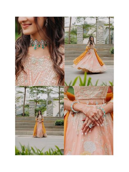A collage of bride Raashi's Haldi look. From close-ups of her jewelry and henna to full-length twirling shots, this captures all the beautiful details of her vibrant outfit.