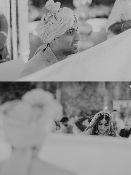 A black and white collage capturing the bride and groom's expressions during the antarpat ritual. The cloth separating them builds anticipation for the moment they will finally see each other.