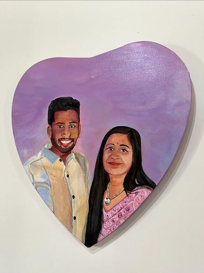Another view of the custom couple's portrait. I use acrylics to build up layers of color, carefully blending tones to achieve a realistic and heartfelt likeness.