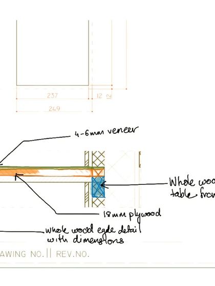 A colored sketch detailing the construction of a tabletop, showing the layers of veneer, plywood, and whole wood edging. This level of detail ensures our custom furniture is built to last.