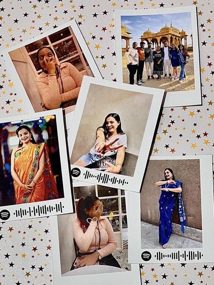 A collage of different moments captured on Spotify polaroid prints, from traditional outfits to casual snaps.