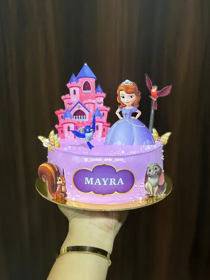 A beautiful Princess Sofia cake for Mayra's birthday. The purple cake is decorated with a castle, the princess, and her animal friends, creating a fairytale scene.