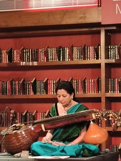 A unique setting for a concert at Windmills, surrounded by books. The atmosphere was so intimate and perfect for a solo veena recital, connecting with the audience on a deeper level.