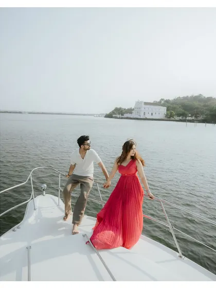 Sailing into forever. This pre-wedding shoot on a yacht in Goa captures a sense of freedom, luxury, and adventure. We love creating unique destination experiences that result in unforgettable, magazine-worthy images.