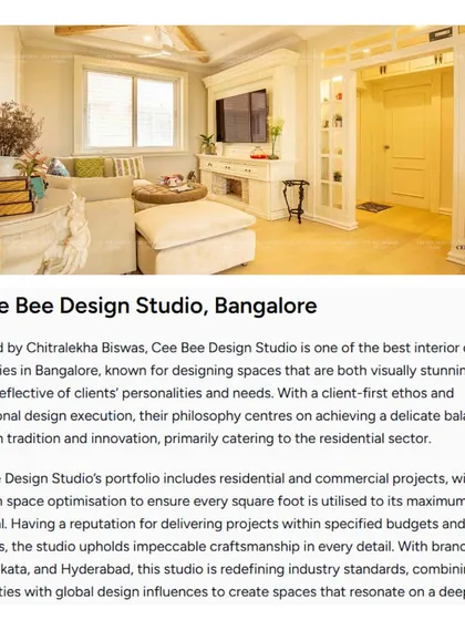This screenshot highlights Cee Bee Design Studio's profile in NOVATR's list of top Bangalore firms. It notes my focus on people-centric spaces and impeccable craftsmanship, which are the cornerstones of my practice.