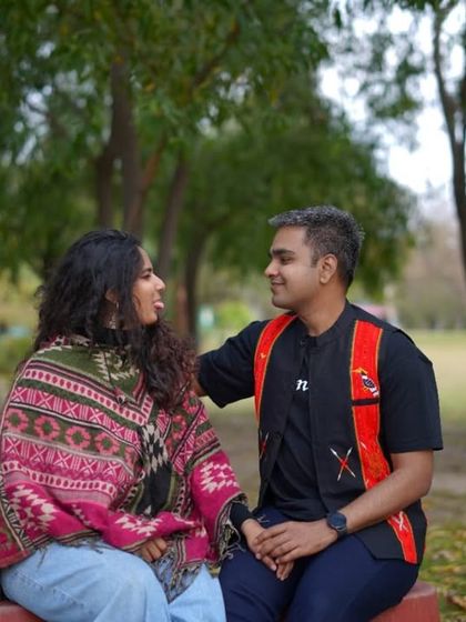 Another look from our pre-wedding shoot, this time with a cozy, rustic feel. I paired my jeans with a warm, patterned shawl, showing how to layer pieces for a stylish and comfortable outdoor look.